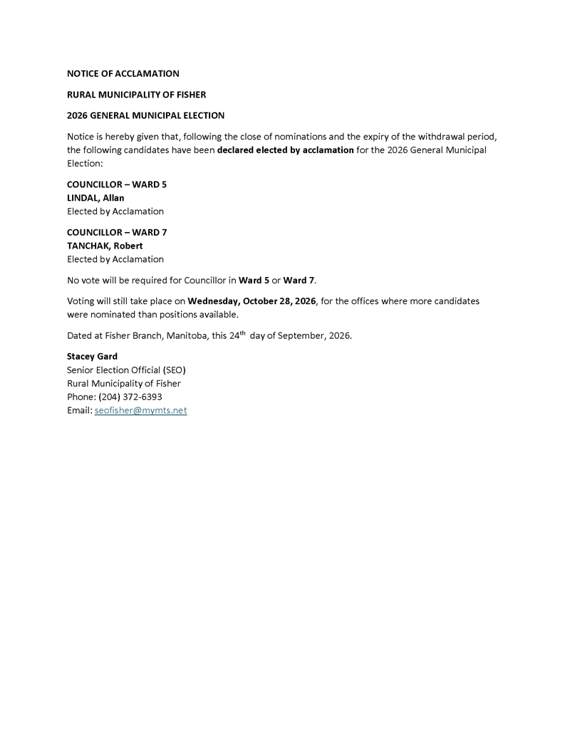 NOTICE OF ACCLAMATION 2026