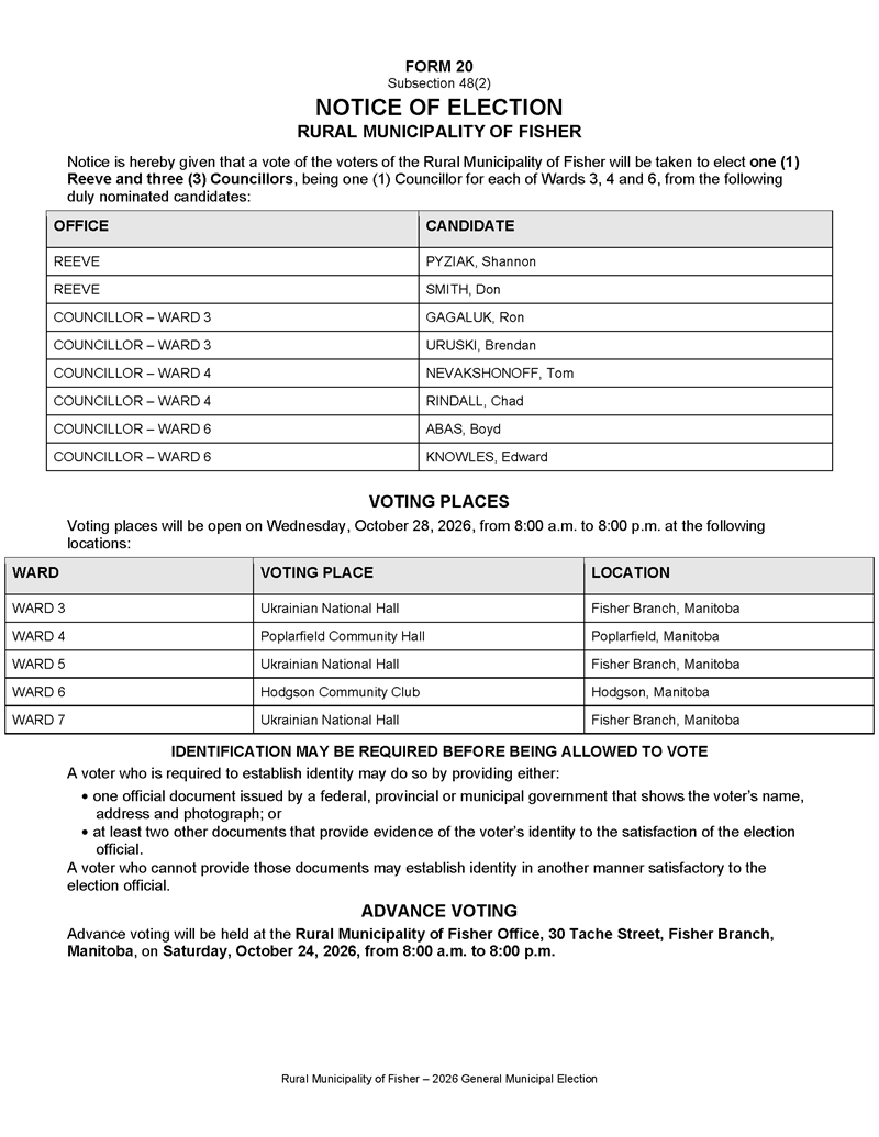 RM of Fisher Form 20 Notice of Election 2026